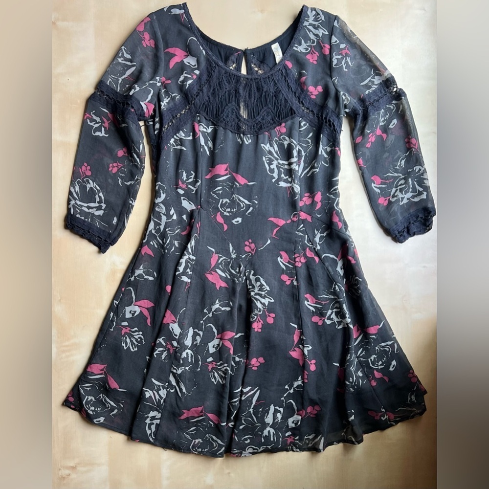 Black Floral Long Sleeve Mini Dress with Lace Cut-Outs Fairy Grunge Whimsigoth